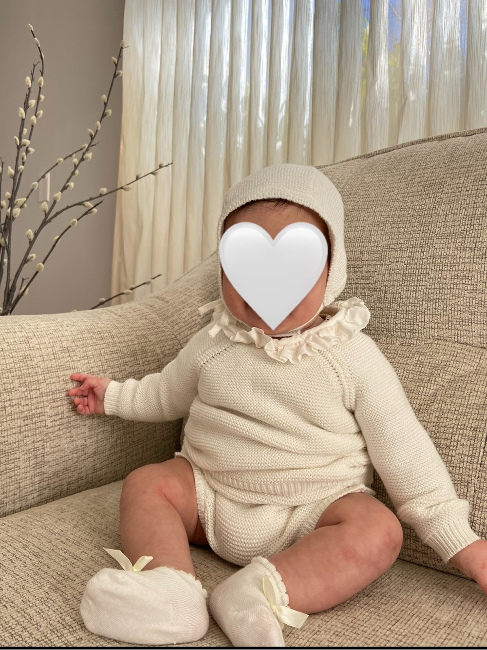 Hope and Henry Cream Knit Baby Sweater Set with Bloomer and Bonnet
